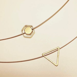 Delicate choker necklace/raw brass/hexagon or triangle image 1