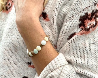 Amazonite stone bracelet/ matte finish/gold raw brass accent