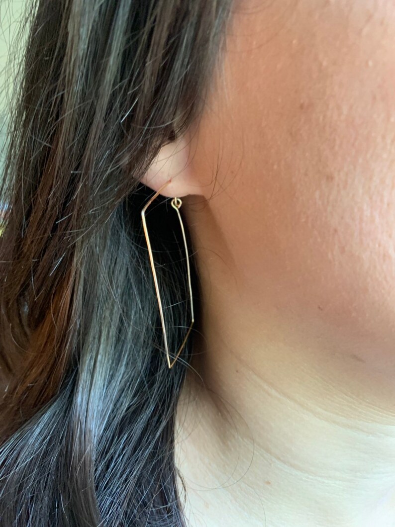 Rectangle hoop earrings/hammered gold wire/thin square hoop image 4