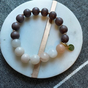 Pink opal stone bracelet: semi-precious stone beads with wood and gold accent beads. image 3