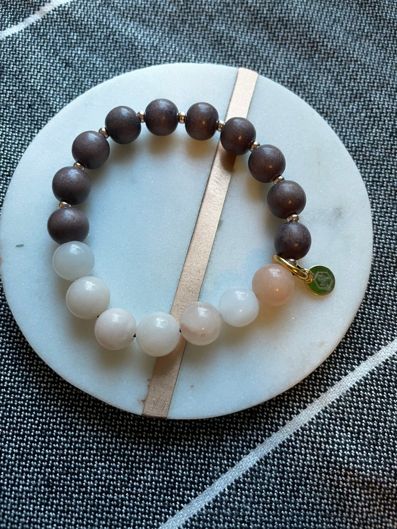 Pink opal stone bracelet: semi-precious stone beads with wood and gold accent beads. image 3