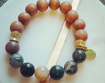 fancy jasper stone bracelet: semi-precious stone beads with wood and gold accent beads.