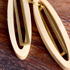 Cut wood and raw brass dangle earring on nickel free gold plated hooks image 6