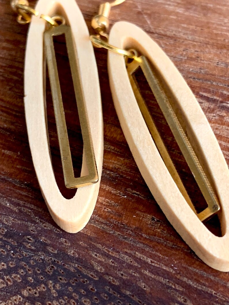 Cut wood and raw brass dangle earring on nickel free gold plated hooks image 6