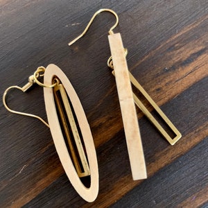 Cut wood and raw brass dangle earring on nickel free gold plated hooks image 8