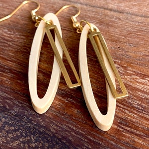 Cut wood and raw brass dangle earring on nickel free gold plated hooks image 5