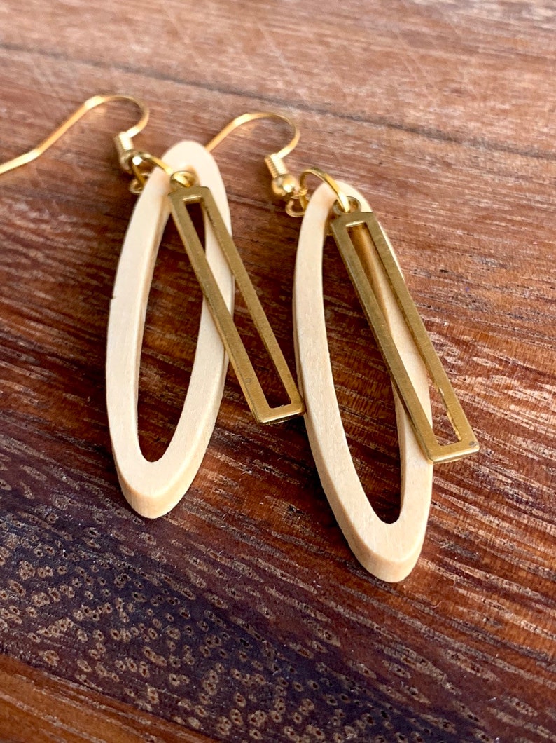 Cut wood and raw brass dangle earring on nickel free gold plated hooks image 5
