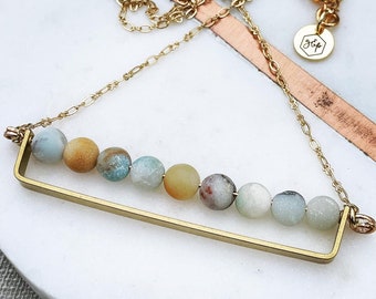 The Artimas: 6mm matte amazonite beads strung on a gold brass bar and gold chain. 18 in gold necklace