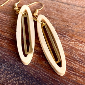 Cut wood and raw brass dangle earring on nickel free gold plated hooks image 4