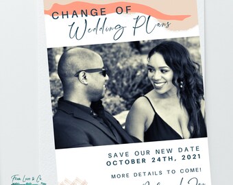 Verandering van plannen, verander de datumkaart, bruiloft uitgesteld, trouwdatumaankondigingen, dat doen we nog steeds, modern, stijlvol, kalligrafie, botanisch