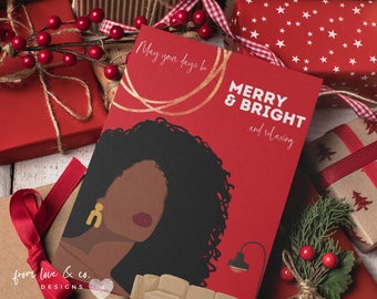 African American Greeting Card, Abstract Holiday Card, Modern Greeting Card, Black Red Merry Christmas, Black Woman Owned, Natural Hair Card