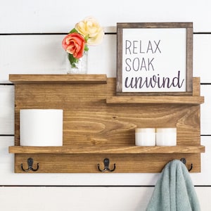 Bathroom Wall Shelf with 3 Double Towel Hooks