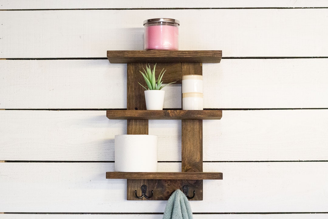 Wall Mounted Bathroom Shelf With 3 Shelved and 2 Double Towel Hooks Etsy
