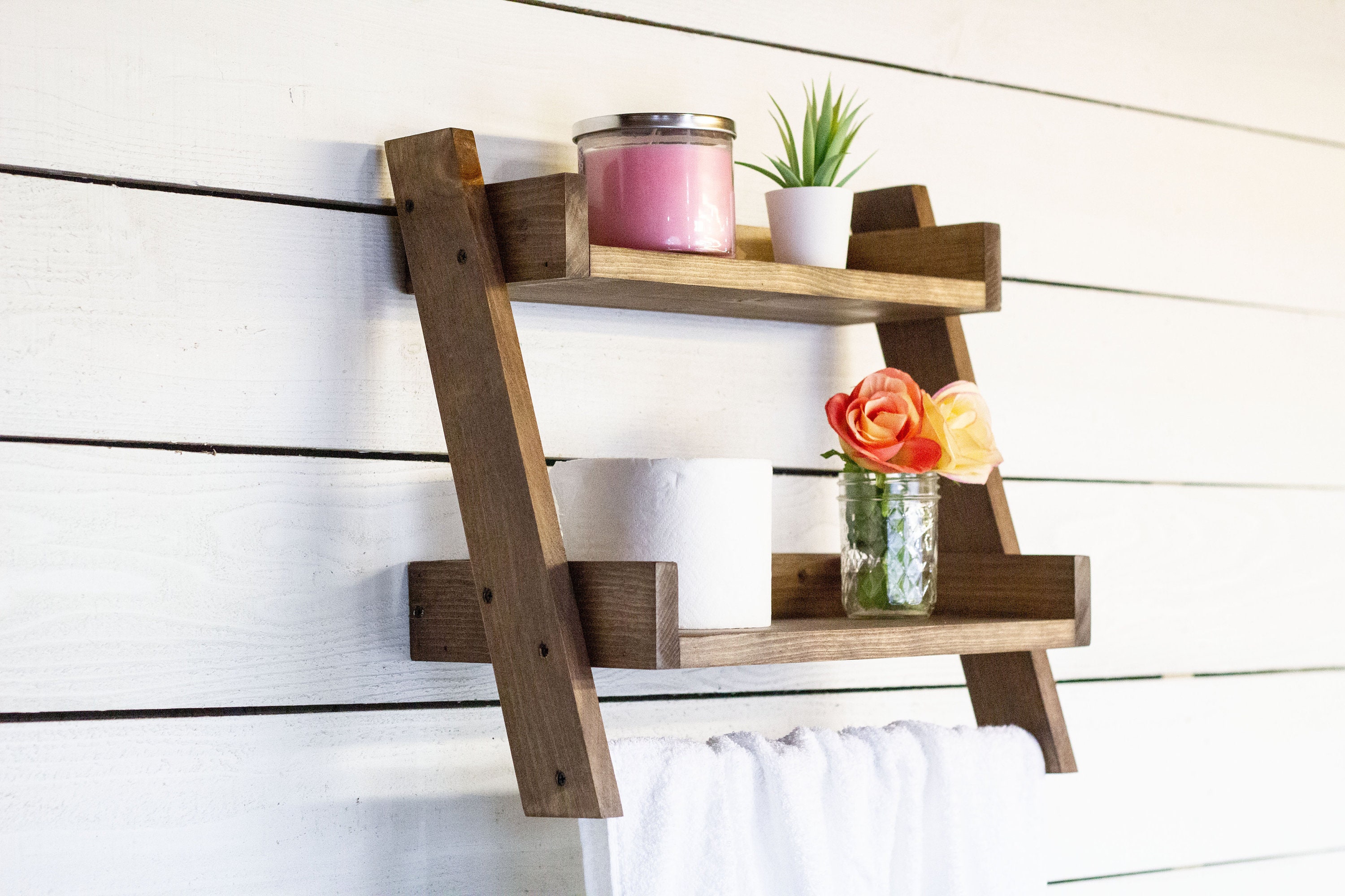Solid Wood Bathroom Shelf with Towel Hooks - The McGarvey Workshop