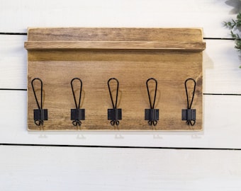 Rustic Wall Mounted Entryway Coat Rack with Farmhouse Style Hooks and Small Shelf