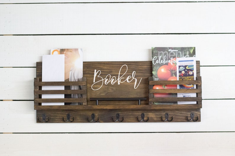 Wall Mounted Wide Mail Holder with Two Mail Slots; Special Walnut with Chalkboard