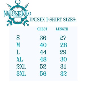 May include: Unisex t-shirt size chart with chest and length measurements in inches. The chart shows sizes S through 3XL with corresponding chest and length measurements.