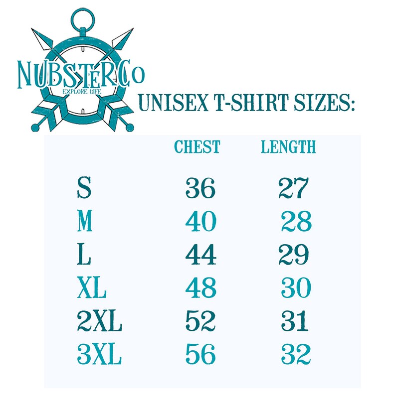 May include: Unisex t-shirt size chart with chest and length measurements in inches. The chart shows sizes S through 3XL with corresponding chest and length measurements.