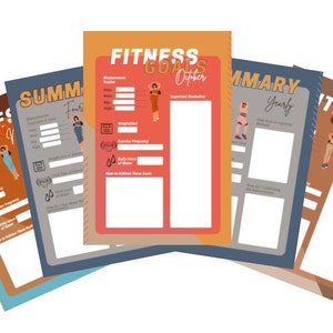 May include: A collection of fitness goal trackers in various colors, including orange, blue, and brown. Each tracker features the words "Fitness Goals" and a month, along with sections for measurements, exercise frequency, and reminders. The trackers have illustrations of people.