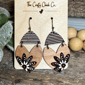 Striped Heart Floral Dangle Earrings