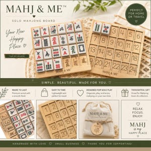 May include: A wooden solo mahjong board with a grid layout, featuring numbered slots from 1 to 24. The board includes white mahjong tiles with red, green, and black symbols. A beige drawstring storage bag with a wooden tag is also included.