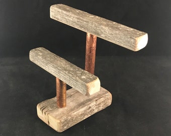 Double Bracelet Stand - 9" & 6" Tall - Weathered Wood w/ Distressed Copper Risers - Bracelet Display - Bracelet Holder for Craft Shows Trade