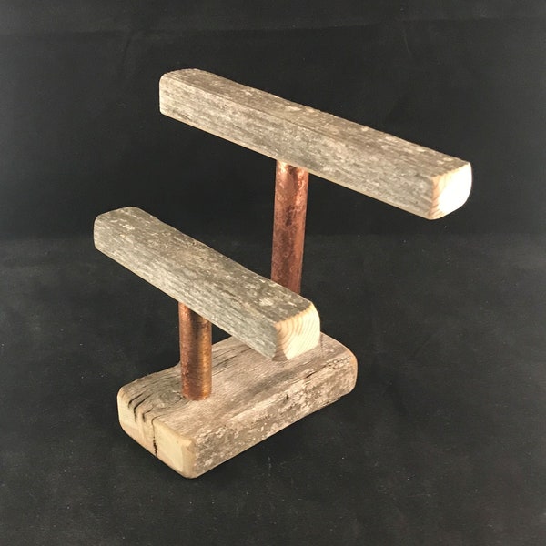 Double Bracelet Stand - 9" & 6" Tall - Weathered Wood w/ Distressed Copper Risers - Bracelet Display - Bracelet Holder for Craft Shows Trade
