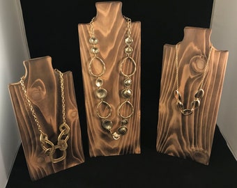 3 Necklace Stands in Torched Cedar Wood  - Jewelry Display, Necklace Display, Necklace Tree, Jewelry Stand, Necklace Holder, Hanger, Bust