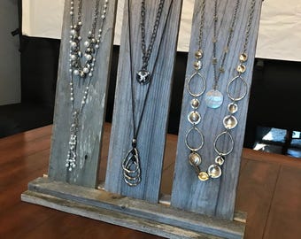 Multi-Necklace Display in Weathered Wood with 3 Easels - Wind-Resistant Jewelry Display, Necklace Display, Outdoor Use