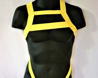 Men's Yellow Elastic Chest Harness Hilton with built in Body strap Posing Strap Burlesque Costume