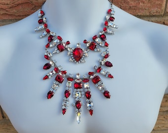 Clear Ruby Red Necklace Vampira Crystal Rhinestone Necklace Costume jewelry