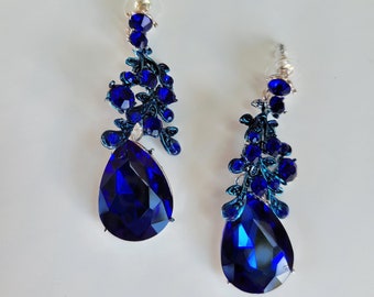 Blue Sapphire Plumeria Earrings Crystal Rhinestone Royal Statement