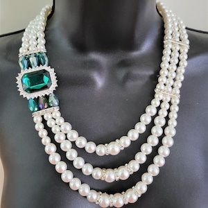 3 Strand Pearl and Emerald Green Diamond Crystal Side Necklace Costume ...