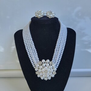 KensClosetDesign Audrey Hepburn Pearl Choker 5 Strand Necklace \u0026 Rhinestone Statement Necklace with Earrings