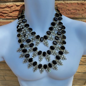 Dark Black Crystal Empress Diamond Rhinestone 3 strand Bib Royal Statement Necklace Costume Jewelry