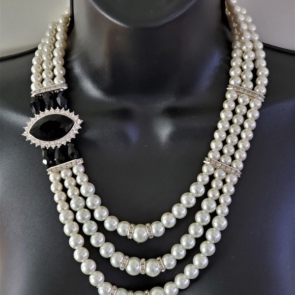 3 Strand Pearl and Black Onyx Crystal Side Necklace Costume Jewelry Royal Statement