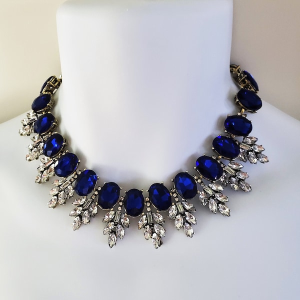 Blue Saphire and Clear Duchess Crystal Diamond Rhinestone Bib Royal Statement Necklace Costume Jewelry
