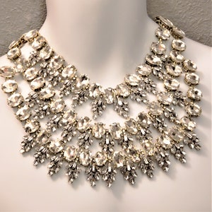 Clear Crystal Empress Diamond Rhinestone 3 strand Bib Royal Statement Necklace Costume Jewelry