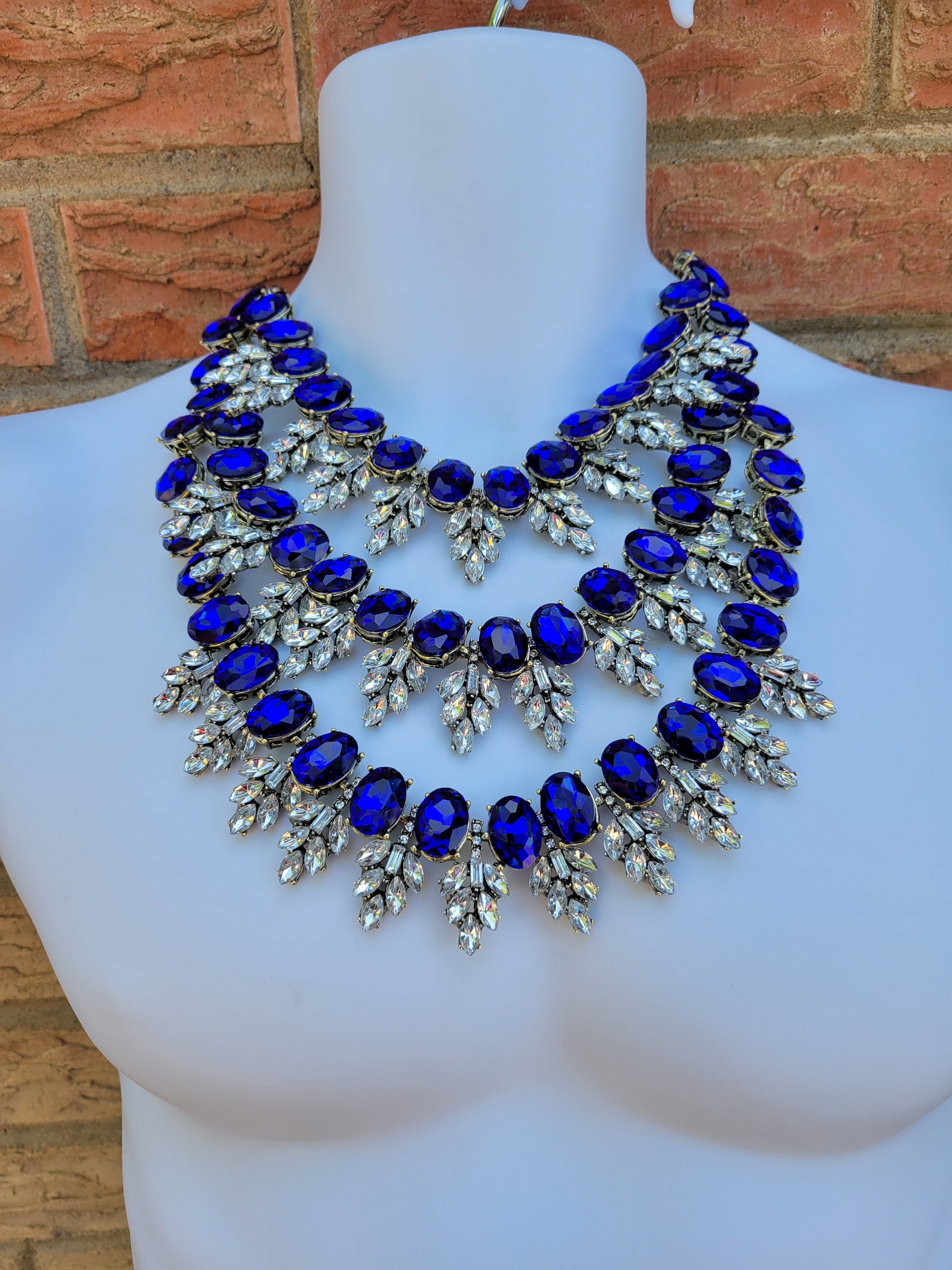 Beaded Draped Statement Necklace - Royal Blue Royal Blue Chunky Statement Necklace, Big Beaded Jewelry  main image 3