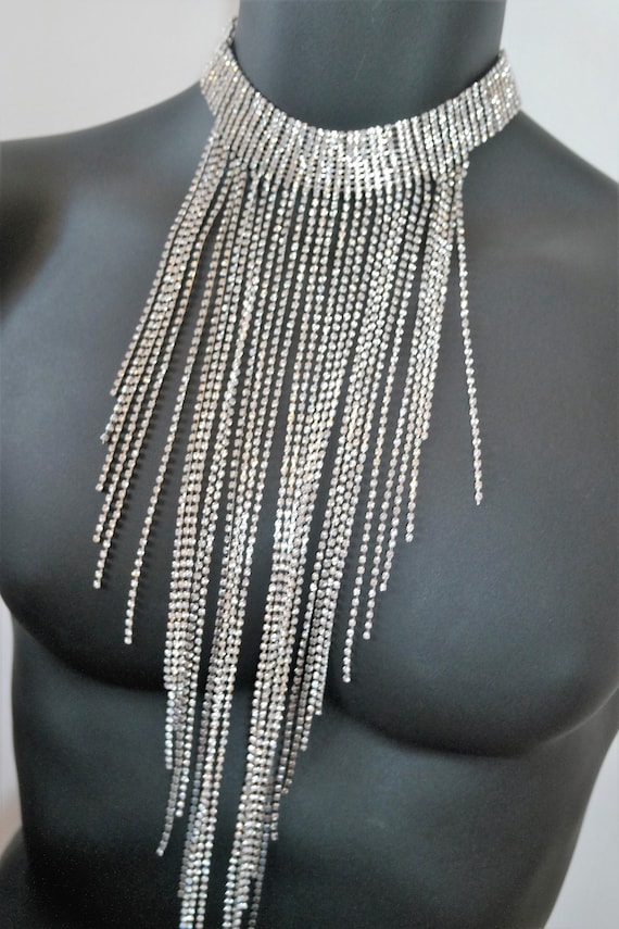 Clear Crystal Silver Chain Fringe Choker Necklace