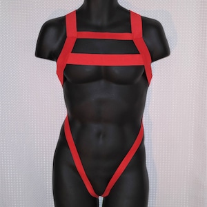 Men&#39;s Red Elastic Chest Harness Hilton with built in Body strap Posing Strap Burlesque Costume