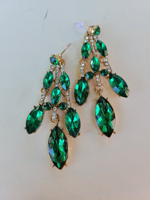 Emerald Green Earrings Rhinestone Chandelier - image 2