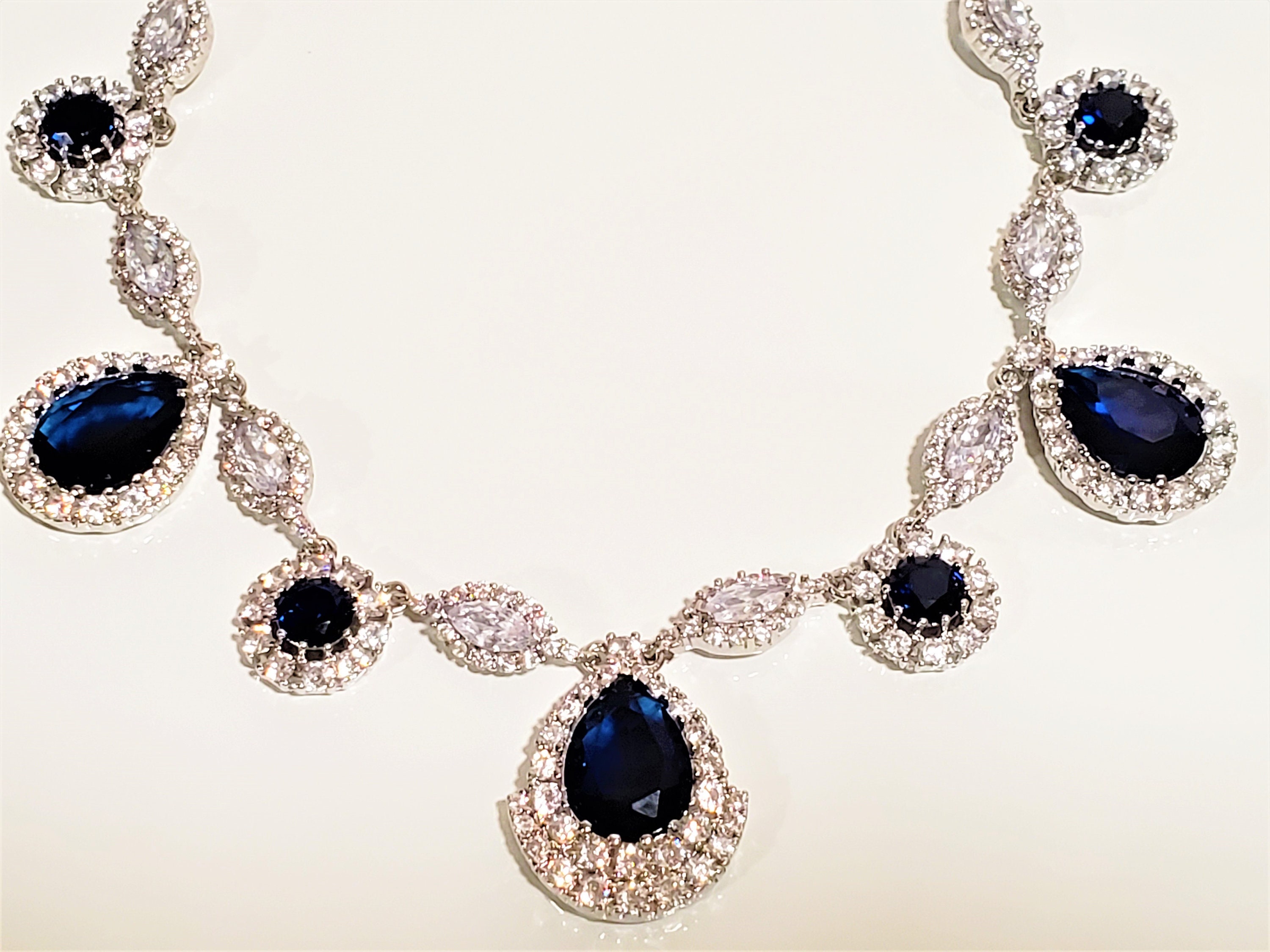 Crystal Blue Sapphire Necklace Teardrop rain drop Dangle Bib | Etsy