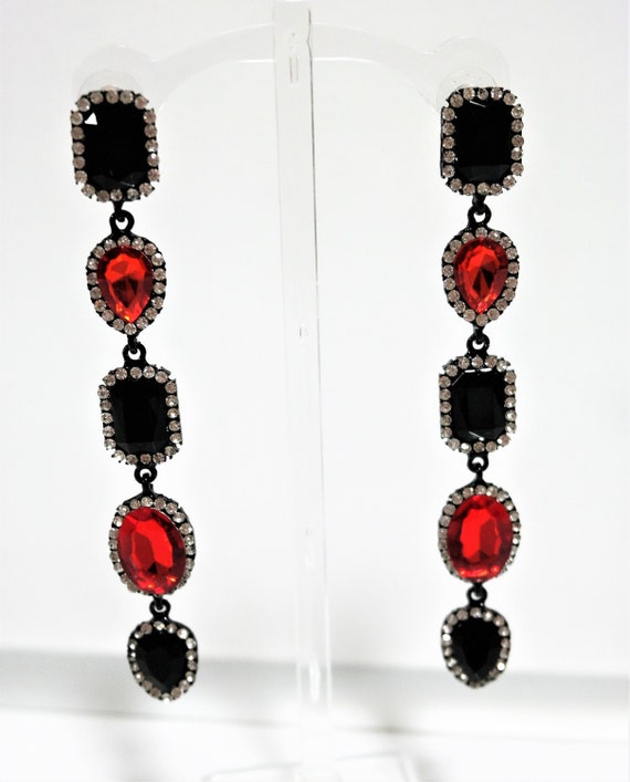 Ruby Crystal Long Chandelier Black and Ruby Red e… - image 6