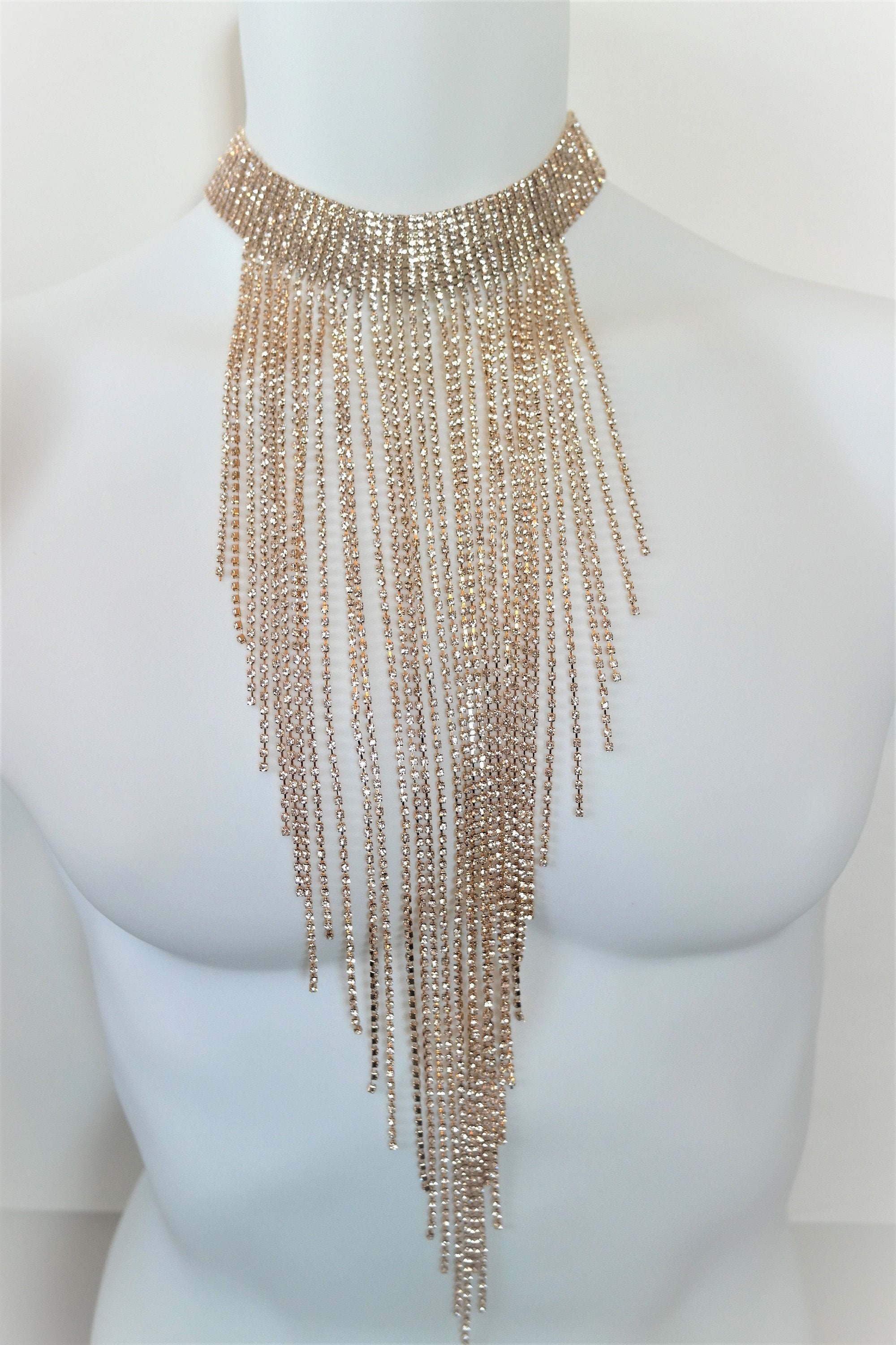Clear Crystal Gold Chain Fringe Choker Necklace - Etsy