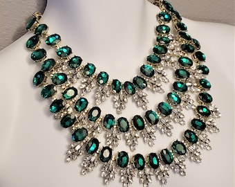 Emerald Green and Clear Crystal Empress Diamond Rhinestone 3 strand Bib Royal Statement Necklace Costume Jewelry