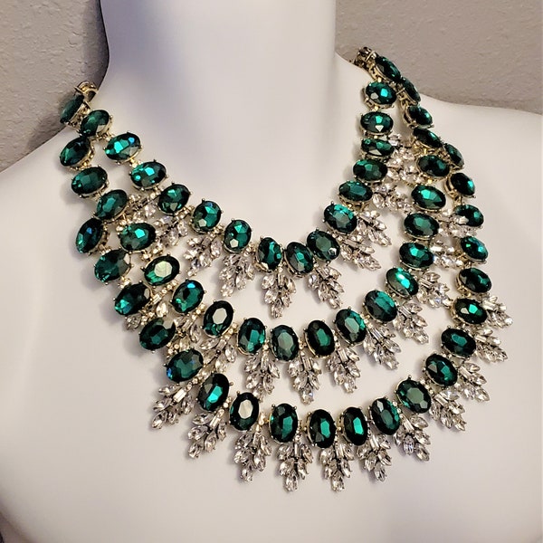 Emerald Green and Clear Crystal Empress Diamond Rhinestone 3 strand Bib Royal Statement Necklace Costume Jewelry
