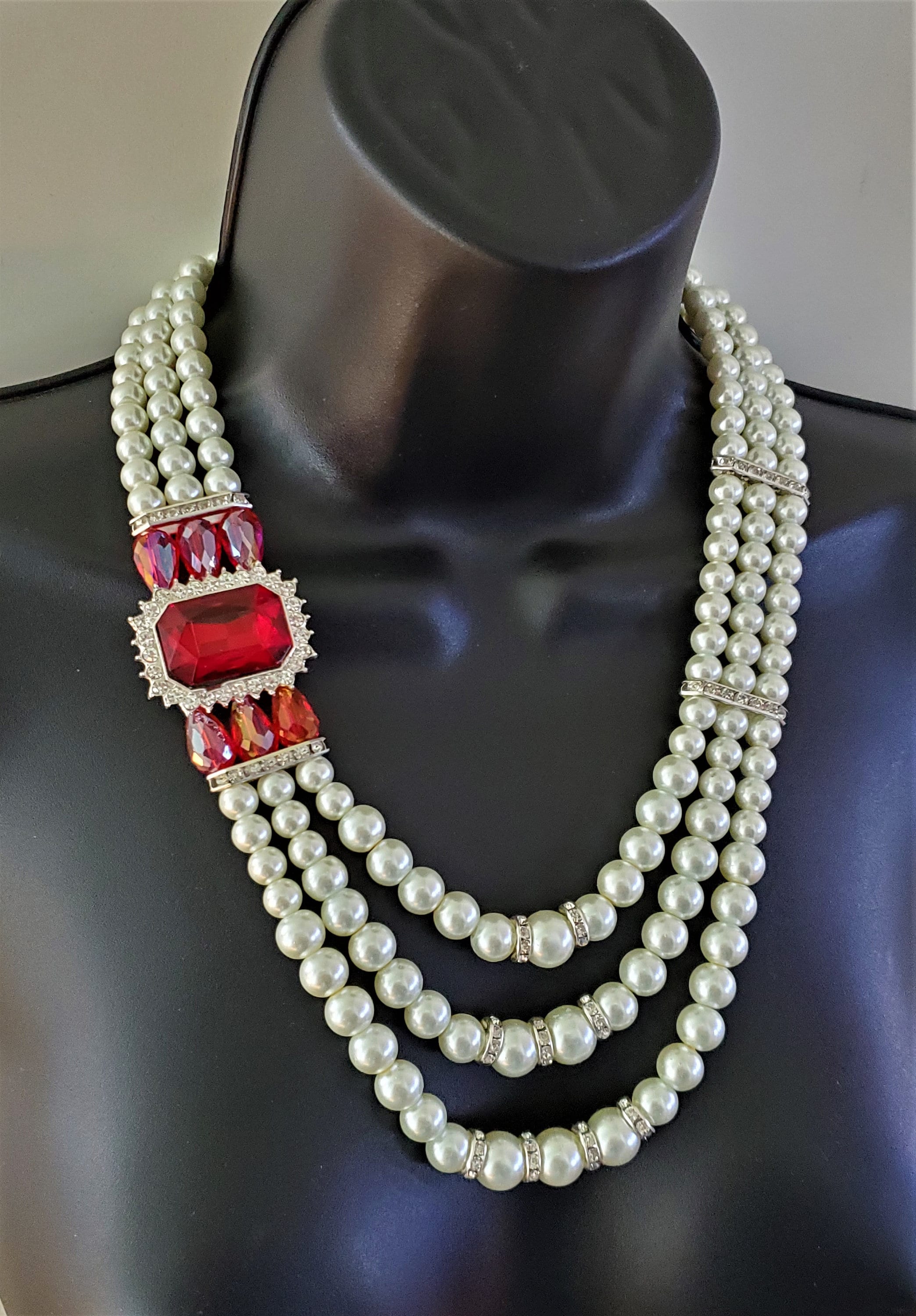 3 Strand Pearl and Ruby Crystal Side Necklace Costume Jewelry Etsy