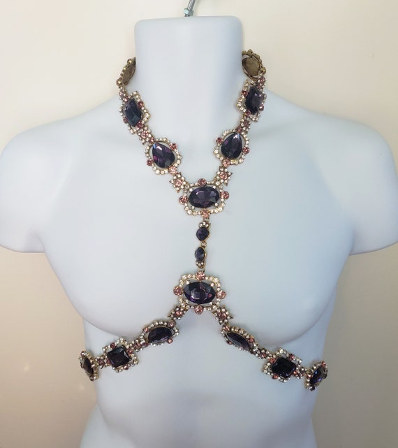 Purple Rose Crystal Rhinestone Body Harness Neckl