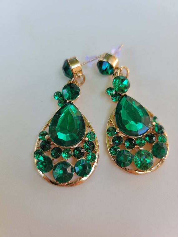 Emerald Green Earrings Crystal Rhinestone - image 3